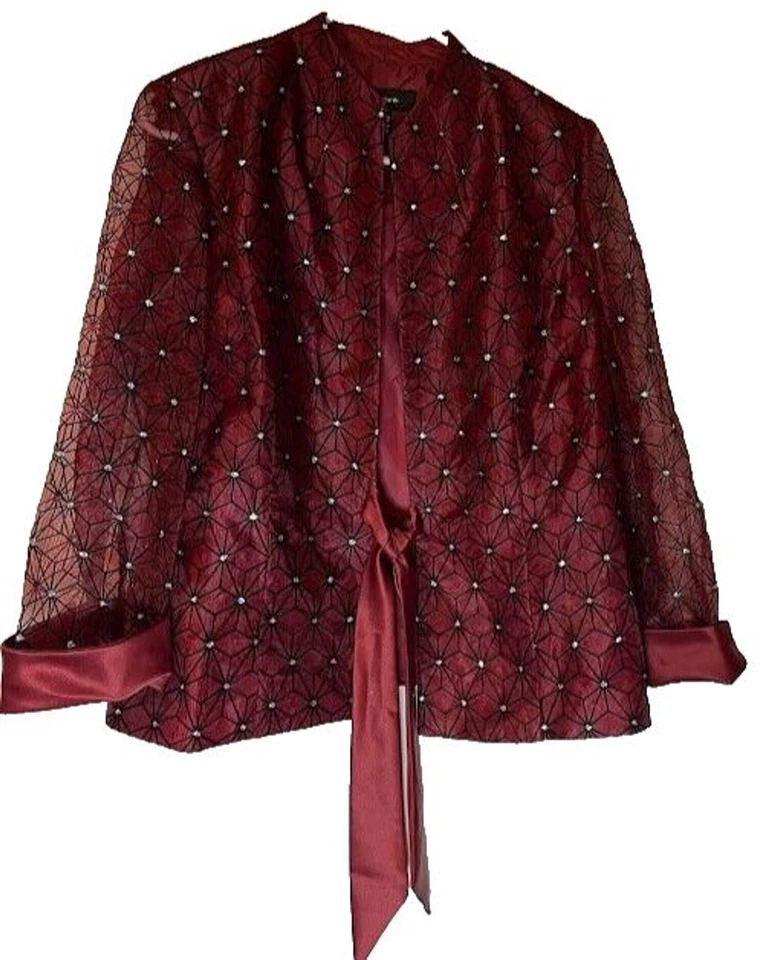 R&M Richards Evening Jacket Sz 14 Burgundy Black Rhinestone Retro Glam Holiday - Image 2 of 4