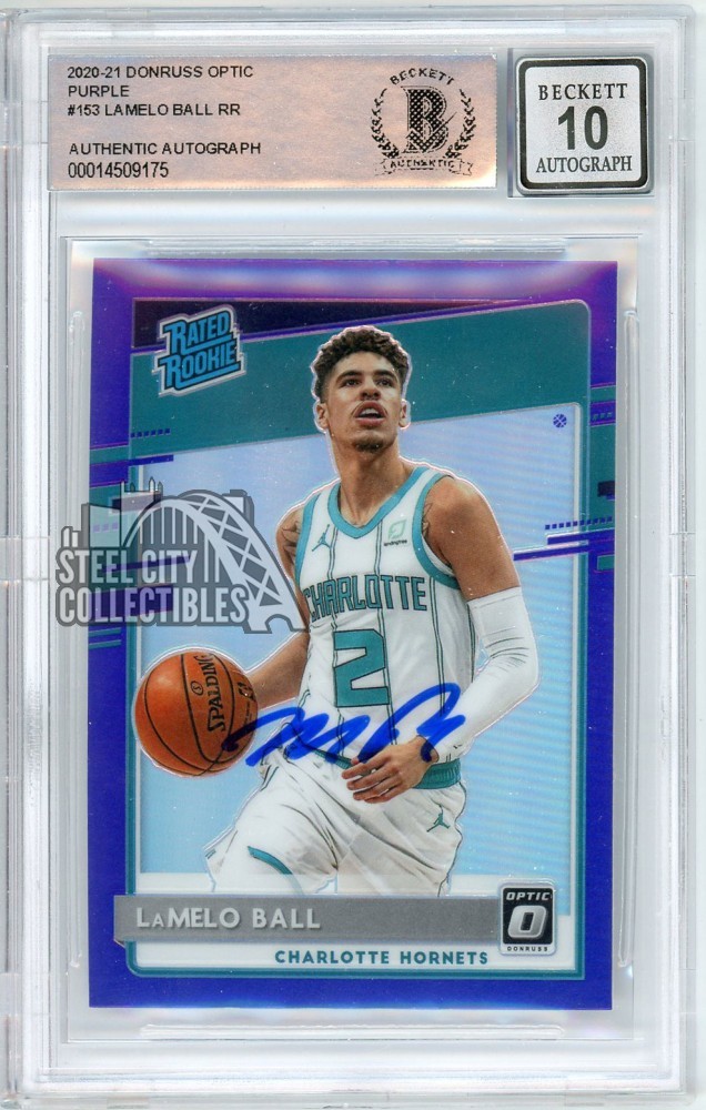 LaMelo Ball 2020-21 Donruss Optic Rated Rookie Purple Autograph Card #153 BAS 10