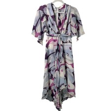 Marc Bouwer Glamit! Midi Dress Size 0 Purple Silk Abstract Floral V-Neck Gown