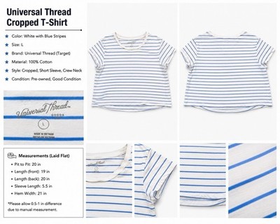 Universal Thread Women s White Blue Striped Crew Neck Cropped Tee Knit Cotton L