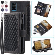 Funda tipo billetera rombica con cremallera de cuero de lujo para ZTE Blade A71