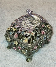 Bejeweled Enamel Peacock 2" Hinged Trinket Box