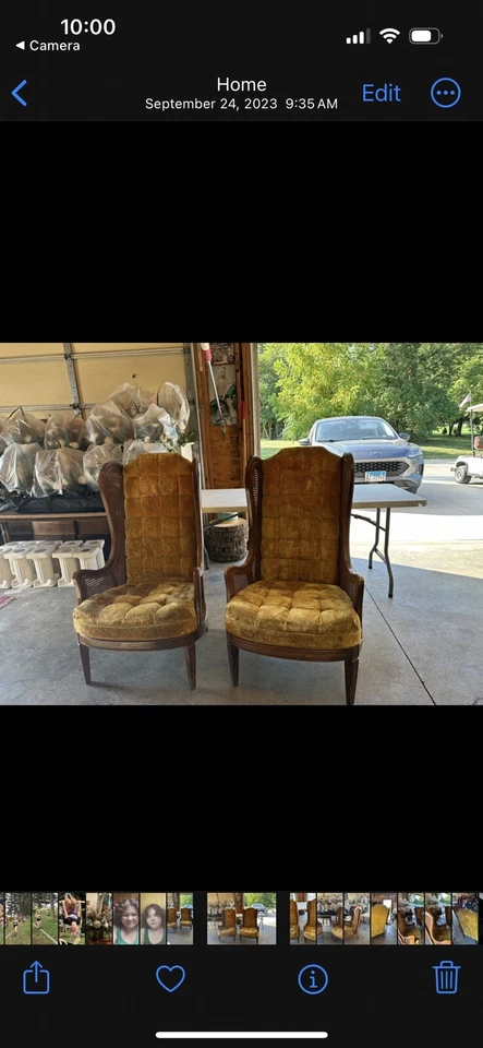 Juego de sillas modernas de mediados de siglo con respaldo de bastón dorado, terciopelo aplastado acolchado Foto 3 de 4