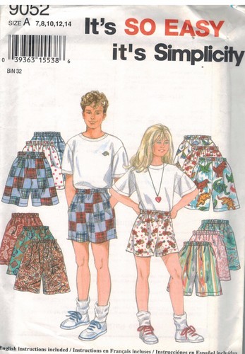 9052 Vintage Simplicity SEWING Pattern Girls Boys Shorts 7-14 UNCUT