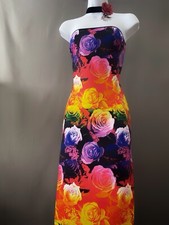 Strapless Sheath Rose Floral Print Maxi Column Dress, Mesh Inserts