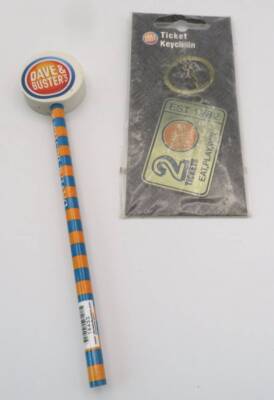NEW Lot DAVE & BUSTERS Metal KEYCHAIN PENCIL ERASER Arcade Prize Memorabilia