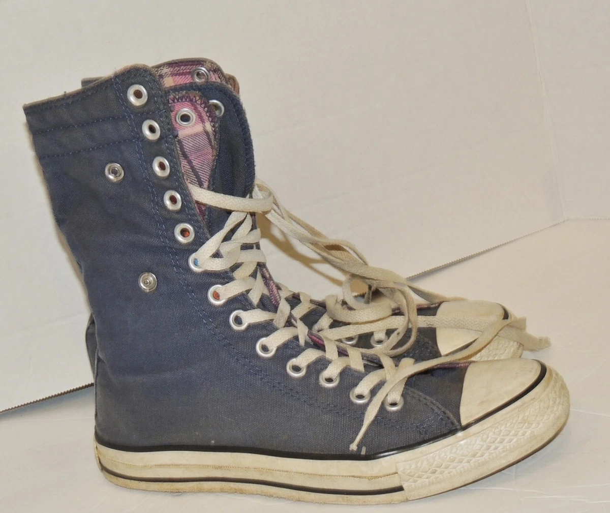 Vintage Converse All Star Chuck Taylor Navy Canvas High Top Plaid Roll Cuff 8