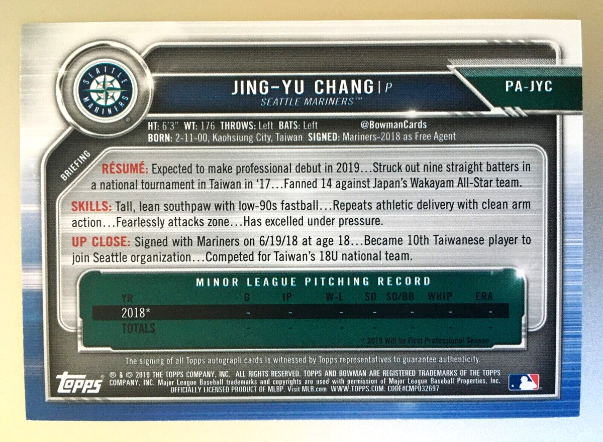2019 Bowman Jing-Yu Chang Auto Autograph Red Parallel 1/5 #PA-JYC