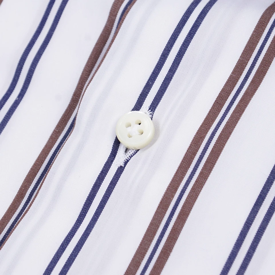 Luigi Borrelli 那不勒斯蓝色和棕色条纹棉质正装衬衫 15.5 (Eu 39) 全新带标签 — 第 2/4 张图片