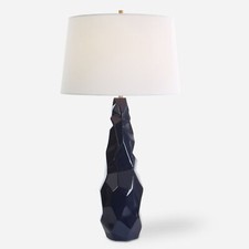 Abstract Faceted Gloss Navy Blue Ceramic Table Lamp 31 in Geometric Crinkle Luxe