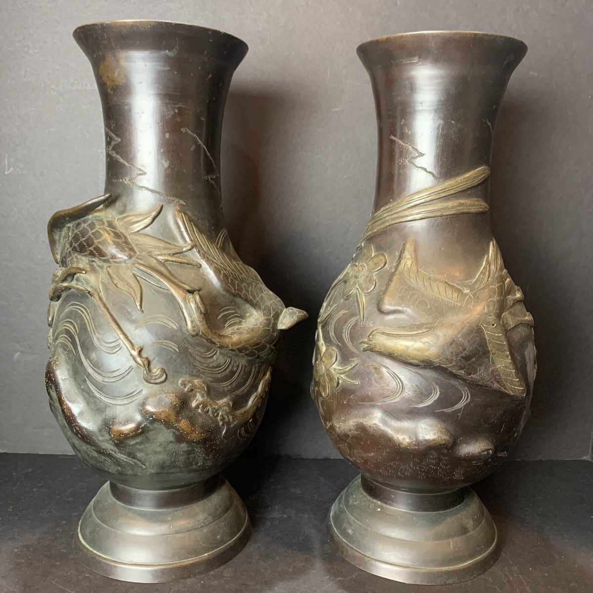 2 Antique 19th C. Japanese Bronze Vase Meiji Period Dai Nippon