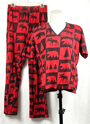 Hatley Red Moose Plaid S/S 100% Cotton Knit Pajama Set Women's M