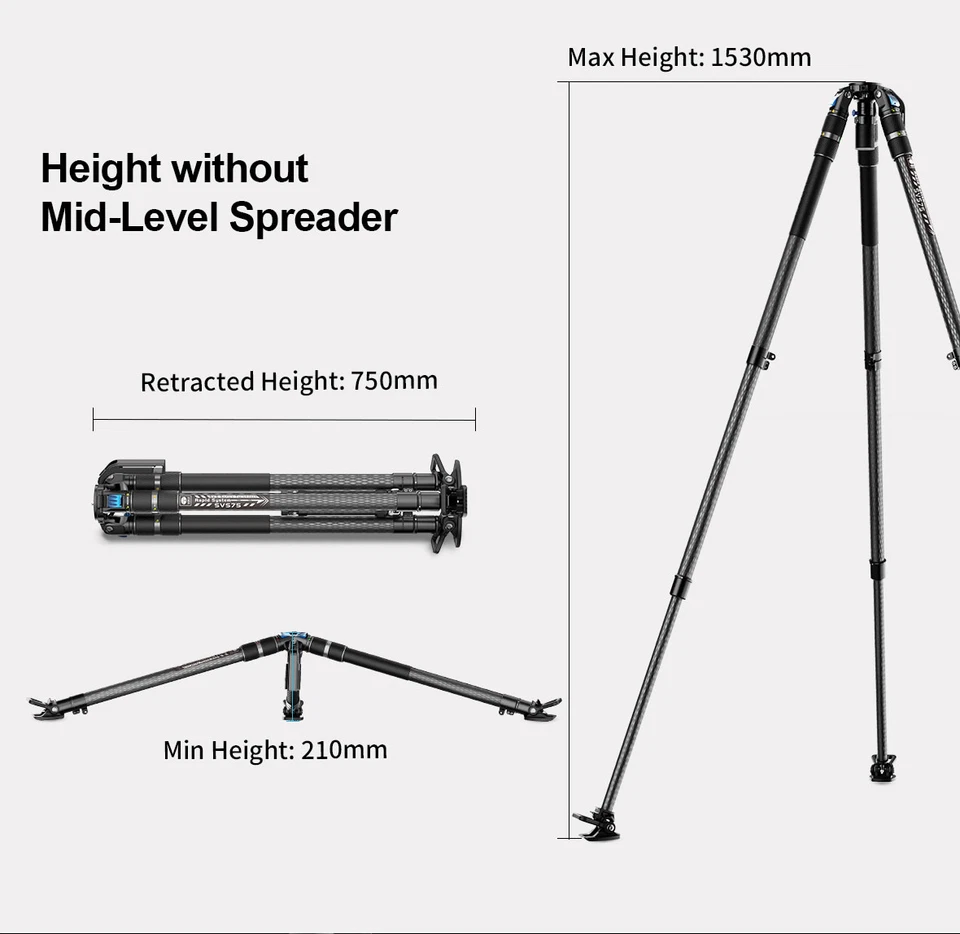 SIRUI SVS75 Carbon Fiber Video Camera Tripod SVH15 Fluid Head OneStep Adjustment - Image 3 of 4