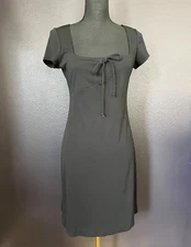 Y2K 90s Vintage Moda International Dress Black Empire Waist Cap Sleeve Front Tie