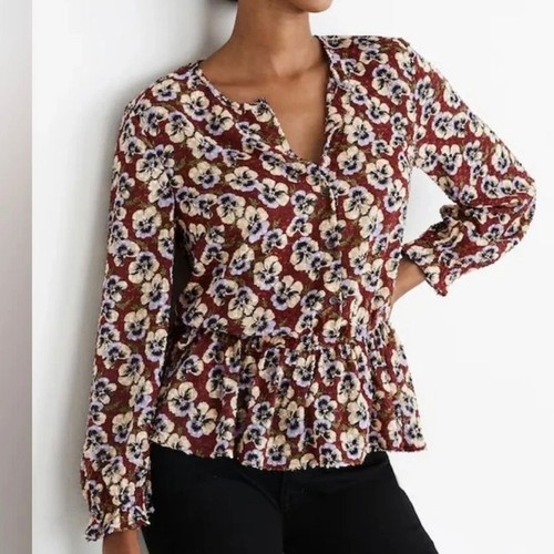 Madewell Pansy Floral Button Front Peplum Top Burgundy Purple Clip Dot Size M
