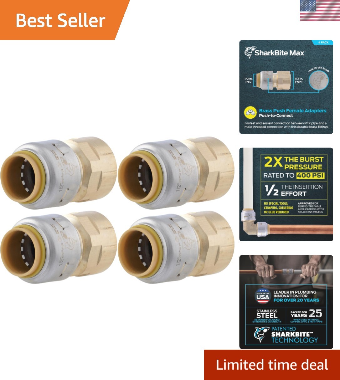 Max 1/2 x 1/2 Inch FNPT Adapter, Pack of 4, Push To Connect Brass Plumbing Fi...