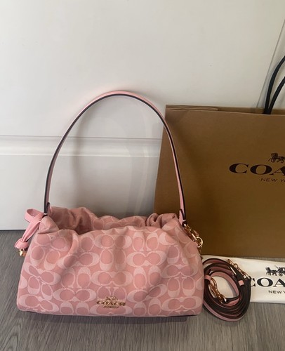 Faye Shoulder Bag CER68 Signature Denim Drawstring Handbag Pink New