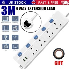 Surge Protected Extension Lead With 2 USB 4 Gang Way 3m Power Cable UK Plug