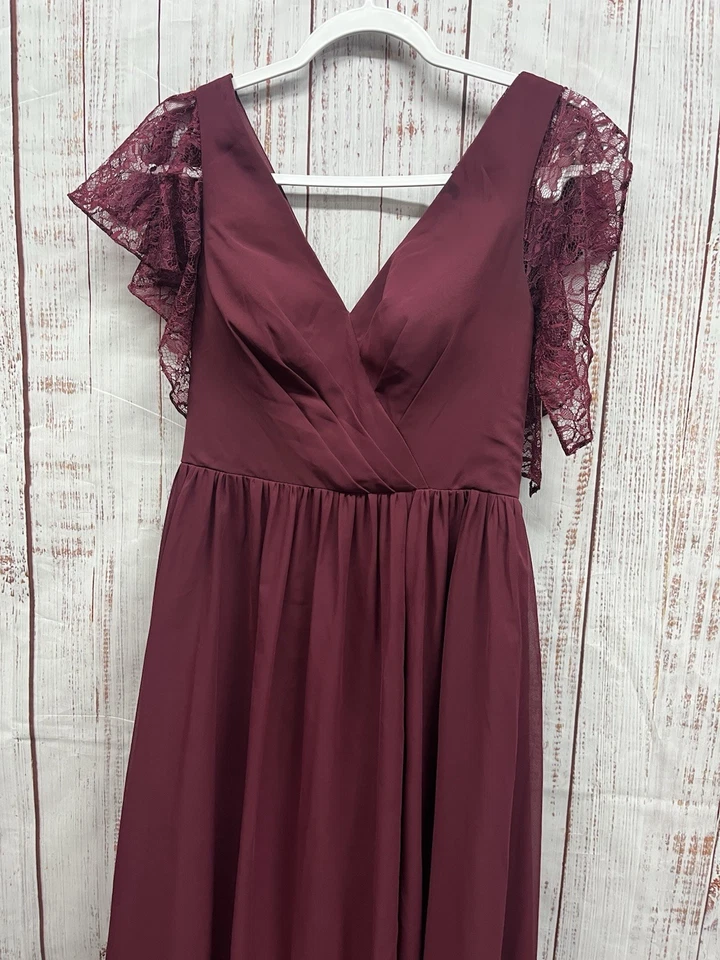 Vestido de chiffon Azazie Gracie Flowy tamanho A4 borgonha gola V renda formatura coquetel - Imagem 2 de 4