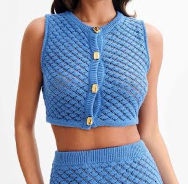 Meshki Crop Top Womens XXS Fits 6 8 Blue Lorenza Crochet Knit Button Up Preppy