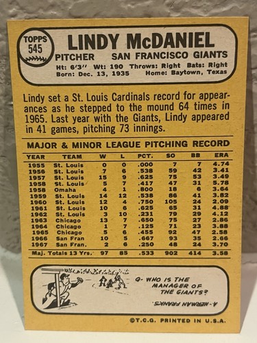 1968 Topps #545 Lindy McDaniel San Francisco Giants NRMT - Picture 2 of 2