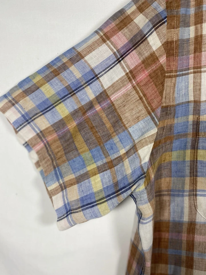 Camisa JOSEPH ABBOUD Para Hombres Tostada/Azul 100% LINO Manga Corta Abotonada Talla XL Foto 4 de 4