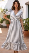 Miroh Women's Medium Wrap Dress Black Cream Pattern Romantic Cottagecor