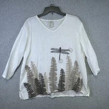 Match Point Blouse Women's M White Linen Top Dragonfly Nature Print 3/4 Sleeve