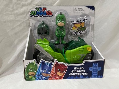 PJ Masks Gekko Kickback Pull Back Motorcycle Vehicle Playset Toy w Figure Helmet