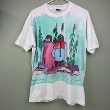 Vtg 1994 Native American Watercolor Art T-Shirt Men LG White Single Stitch USA