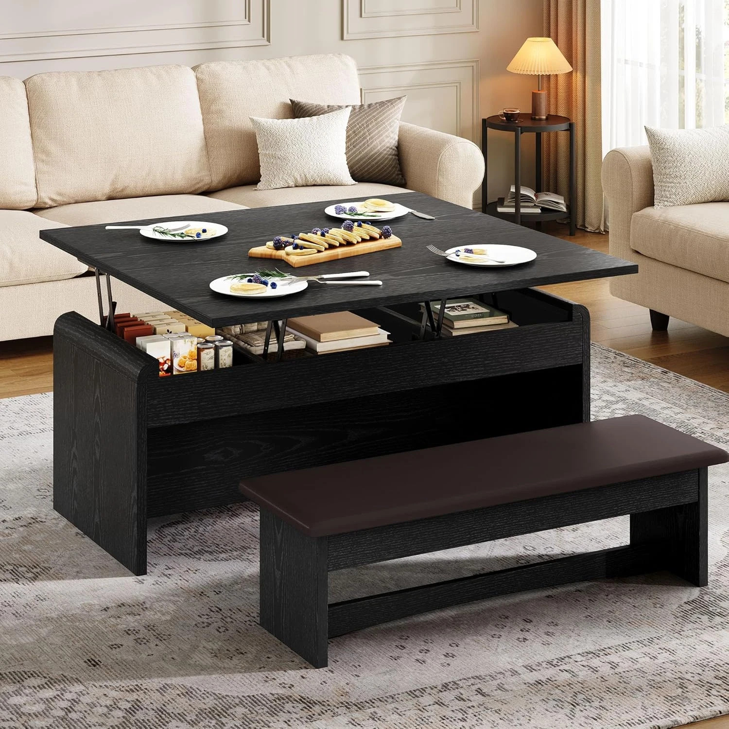 Coffee Table Lift Top, 40 Inch Multi-Function Coffee Tables Set with Bench-image