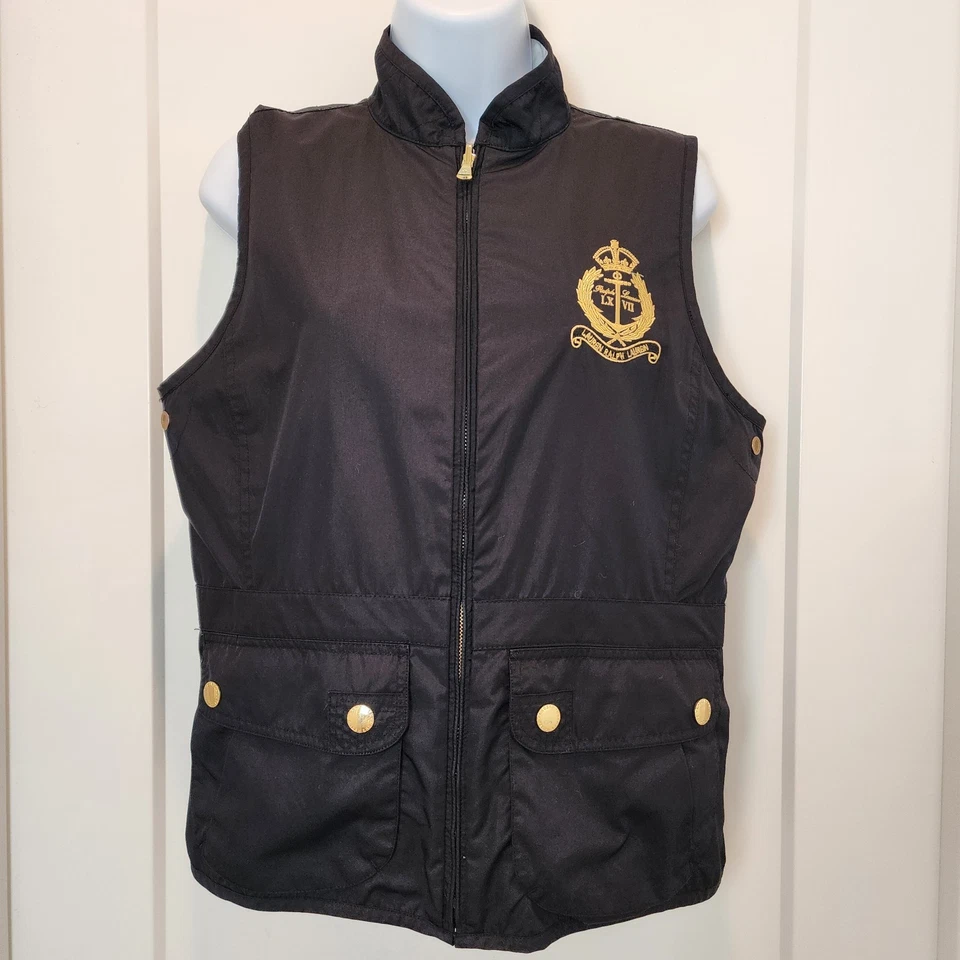 Chaleco Reversible Lauren Ralph Lauren M Negro Crema Dorado Cresta Náutica Ecuestre Foto 2 de 4