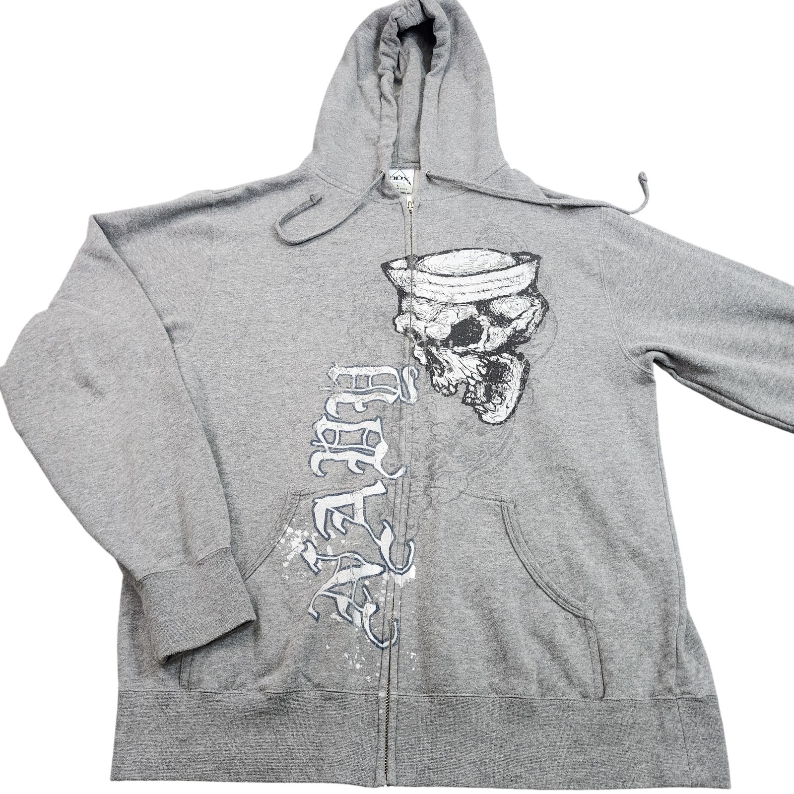 Y2K Hoodie Mens Large Gray Full Zip Fleece Skull Graphic Hooded Sweatshirt