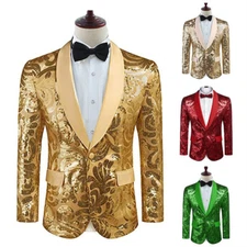 Men Floral Sequin Shawl Lapel Jacket Suit Blazer Coat Party Showman Costume