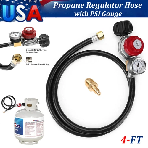 4FT 0-30PSI High Pressure Propane Gas Regulator Hose and PSI Gauge & 1/8" MNPT - Picture 2 of 8
