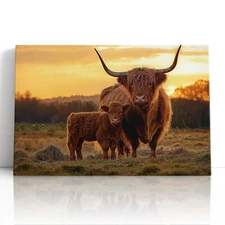 Highland Cow Canvas Print Wall Art Print – Rustic Farmhouse Sunset Home Decor