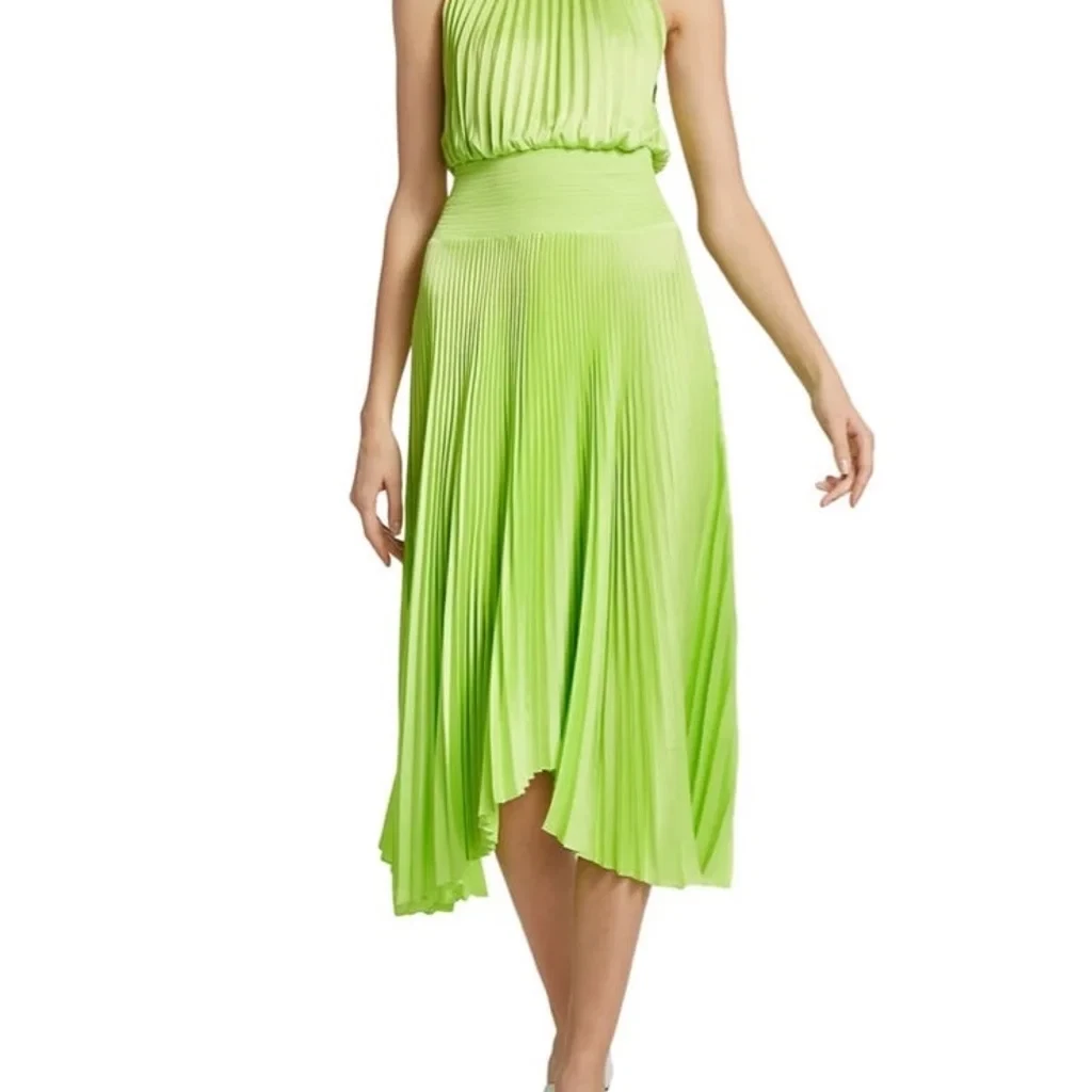 A.L.C. Renzo II Asymmetric Pleated Midi Dress sz 8 neon green MSRP