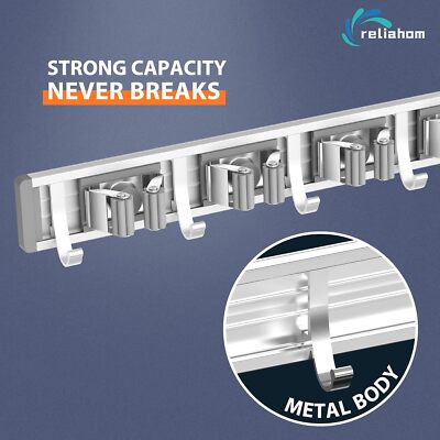 Broom Holder Wall Mount - 5 Racks 4 Hooks Stainless Steel Broom Mop Organizer For Garage
