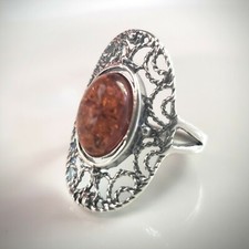 Filigree Sterling Silver Ring with Oval Cognac Natural Amber Ring size 9  10