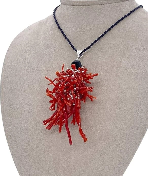 COLLANA CIONDOLO CORALLO AGATA NERA E ARGENTO - Immagine 3 di 4