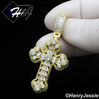 MEN 925 STERLING SILVER ICY BLING BAGUETTE CZ 3D GOLD PLATED CROSS ...