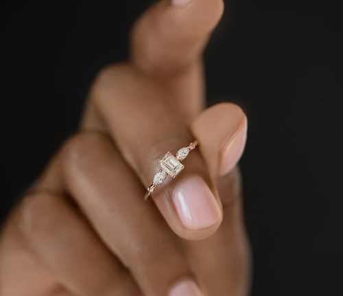 Vivid White Emerald & Marquise Shape CZ With 10K Rose Gold Three Stone Fine Ring - Picture 4 of 5