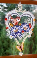 Plauener Spitze Fensterbild Sommer Fensterdekoration Fensterschmuck Vogel Herz