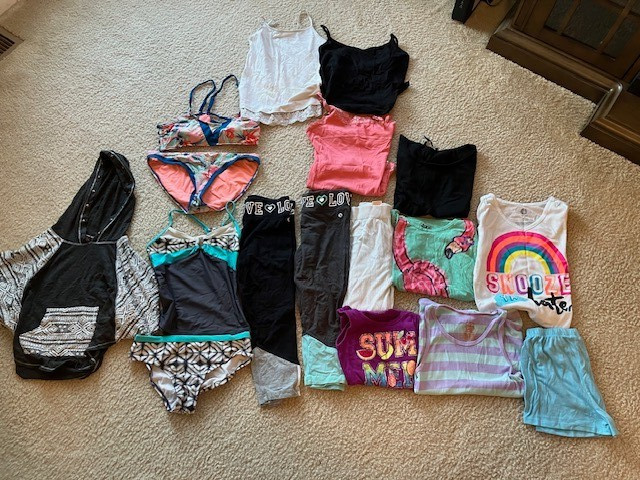 Lot of 17 Girls Clothes Size M 10/12 Tank Tops Bathing Suits Pull-Over Leggins
