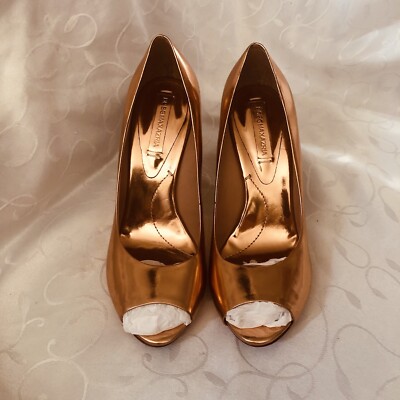 BCBG MAX AZRIA PEEP TOE PUMPS ROSE GOLD METALLIC LEATHER SZ M NEW $138 