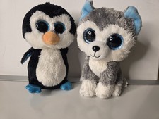 TY Beanie Boos Waddles Penguin and SLUSH HUSKY DOG  6" Plush Lot Of 2