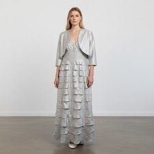 Adrianna Papell Dress 4 Silver Hammered Tier Satin Embroidered Beaded Formal