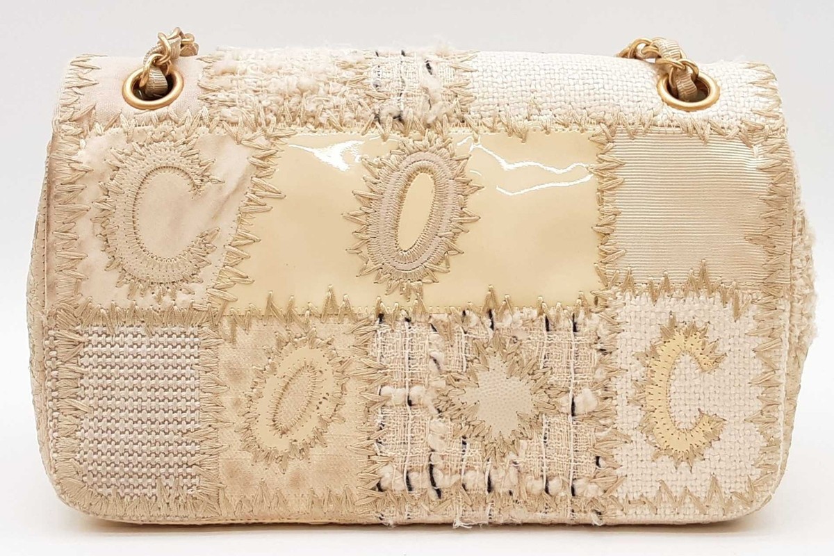 Chanel White & Beige Cnavas Tweed Patchwork Shoulder Bag
