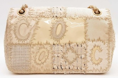 Chanel White & Beige Cnavas Tweed Patchwork Shoulder Bag