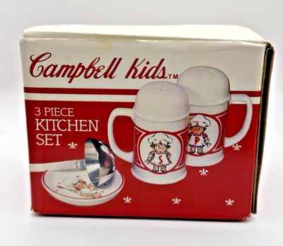 Campbell Kids 3 PC Kitchen Set NIB 1990 S&P Shakers Spoon Rest Vintage